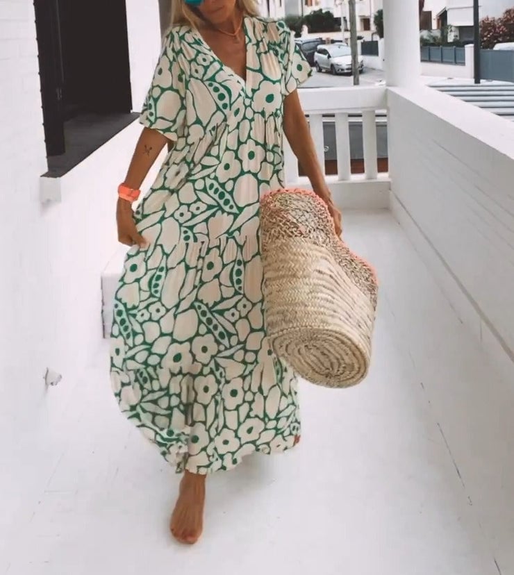 Anaëlle | Elegant Midi Dress with Soft Pattern and V-Neck