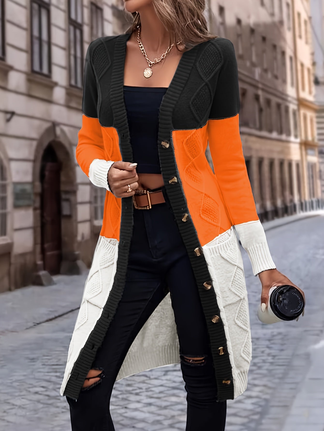 MAURA | LONG COLORBLOCK BUTTON CARDIGAN