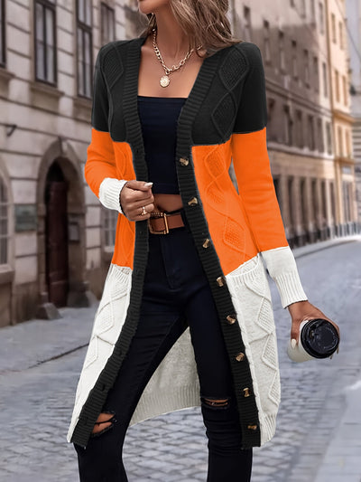 MAURA | LONG COLORBLOCK BUTTON CARDIGAN