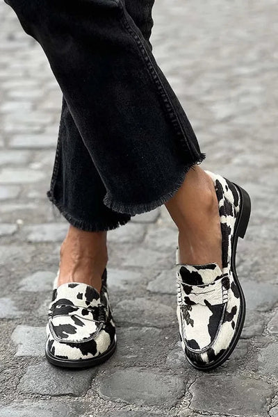 Veerle | Patchwork Printed Cow Print Moccasins with Round Toe