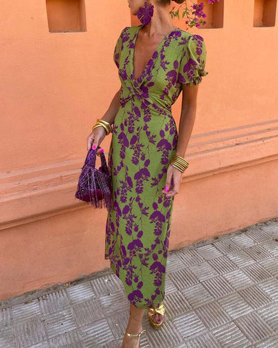Aria™ | Chic Deep V-Neck Dress with Leaf Design