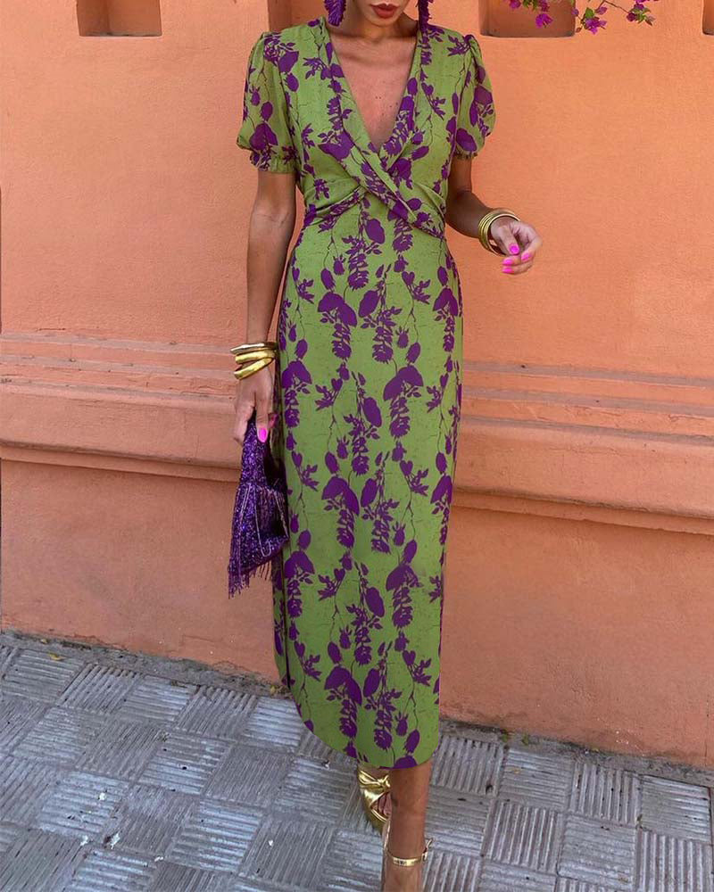 Aria™ | Chic Deep V-Neck Dress with Leaf Design