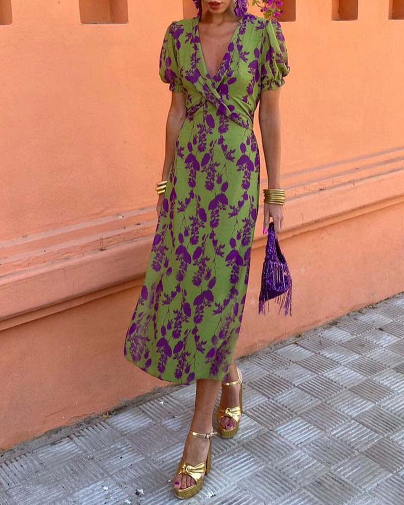 Aria™ | Chic Deep V-Neck Dress with Leaf Design