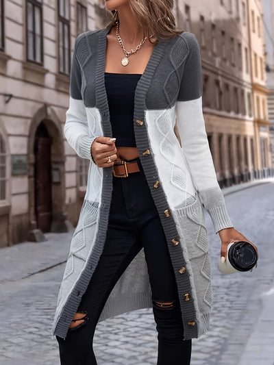 MAURA | LONG COLORBLOCK BUTTON CARDIGAN
