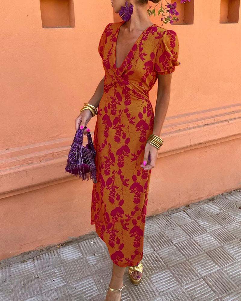 Aria™ | Chic Deep V-Neck Dress with Leaf Design