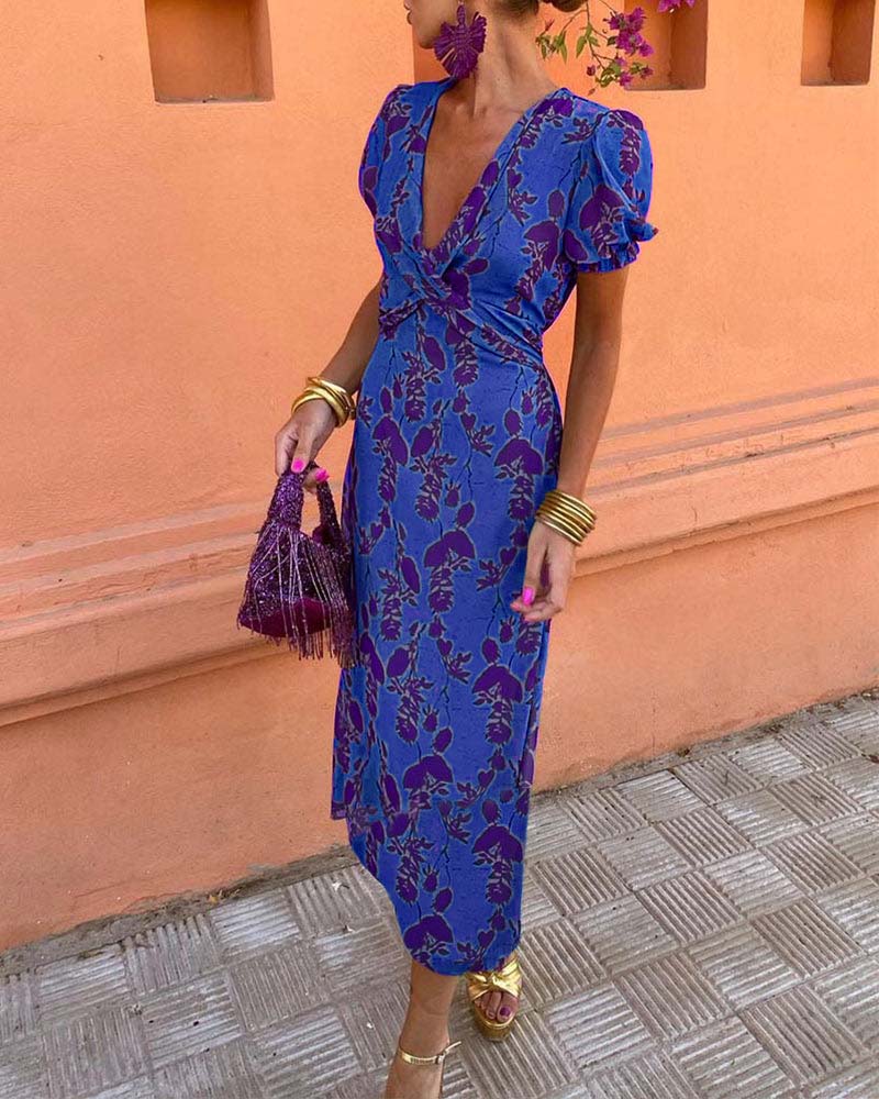 Aria™ | Chic Deep V-Neck Dress with Leaf Design