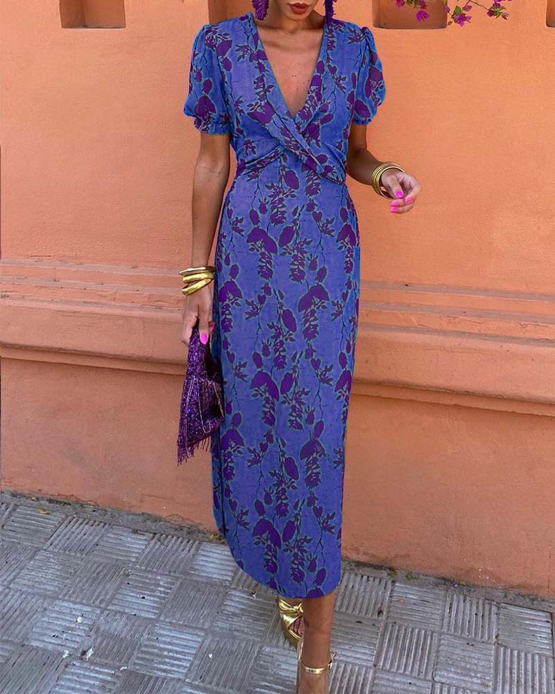 Aria™ | Chic Deep V-Neck Dress with Leaf Design