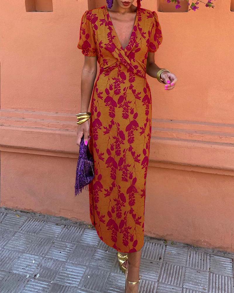 Aria™ | Chic Deep V-Neck Dress with Leaf Design