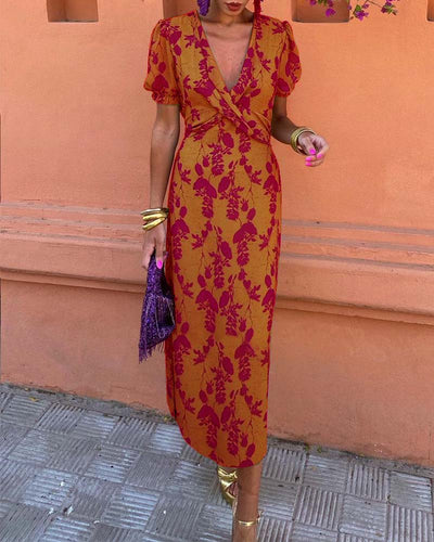 Aria™ | Chic Deep V-Neck Dress with Leaf Design