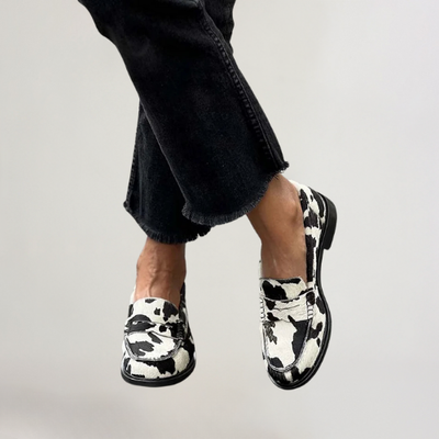 Veerle | Patchwork Printed Cow Print Moccasins with Round Toe