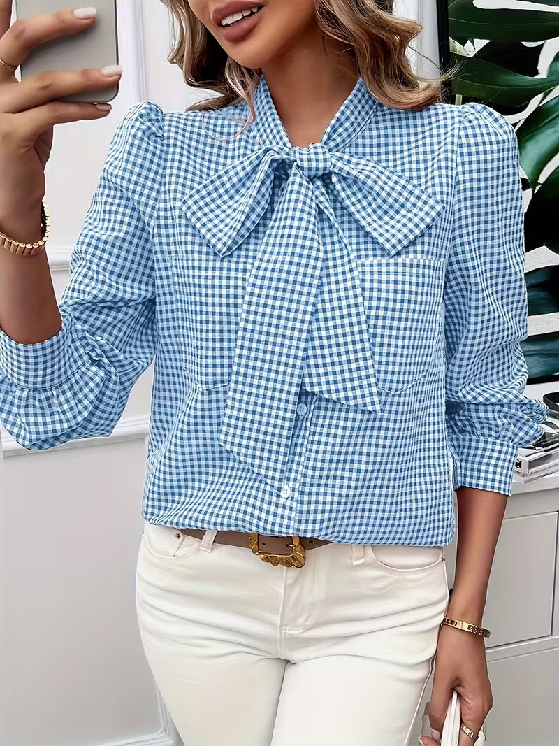 Meella | Elegant Gingham Bow Blouse