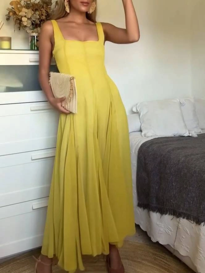 Elegant Long Dress with Square Neckline and Straps