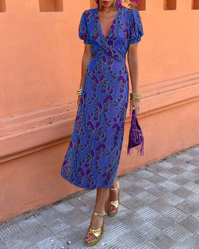 Aria™ | Chic Deep V-Neck Dress with Leaf Design