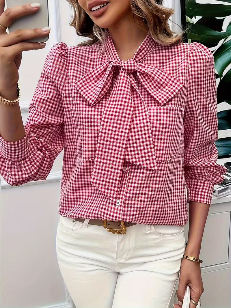 Meella | Elegant Gingham Bow Blouse