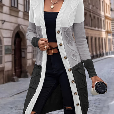 MAURA | LONG COLORBLOCK BUTTON CARDIGAN