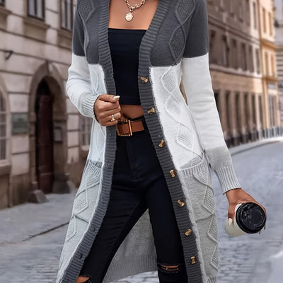 MAURA | LONG COLORBLOCK BUTTON CARDIGAN