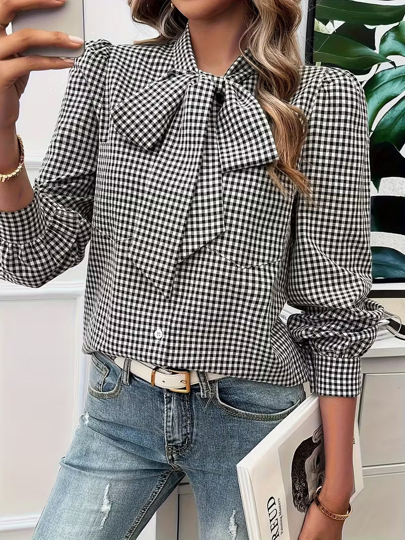 Meella | Elegant Gingham Bow Blouse