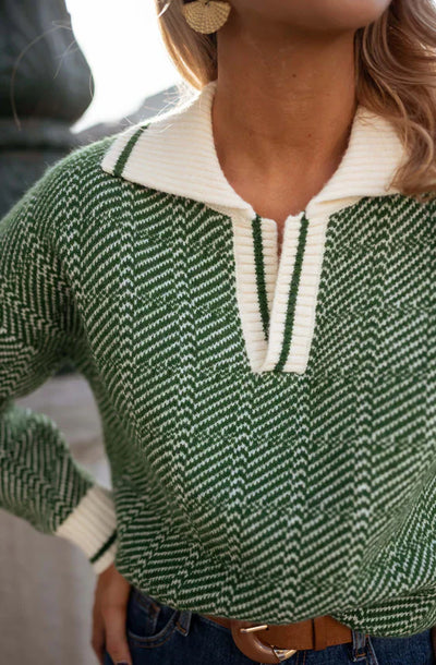 Emilia™ | Green V-neck Sweater with Folded Collar