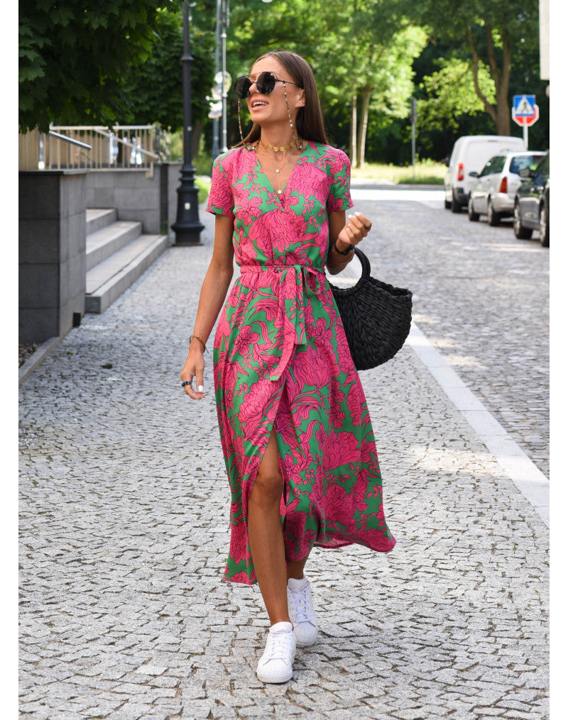 LÉANA | Floral Dress with High Slit and Adjustable Waist