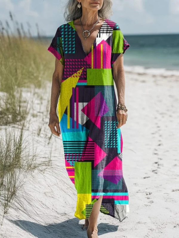 Julia - Bold Cyberpunk Geometric Print Dress with Pockets