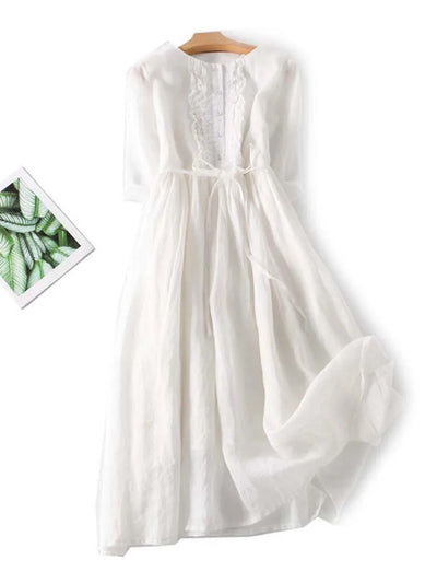 Arya - Women's Art Retro Round Neck Lace Up Waist Dress