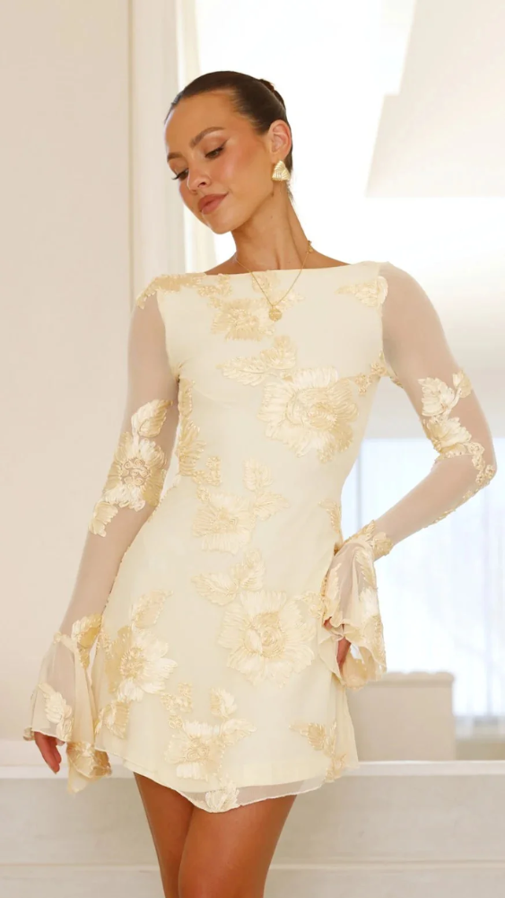 Julia™ | Mini dress with floral embroidery and open back
