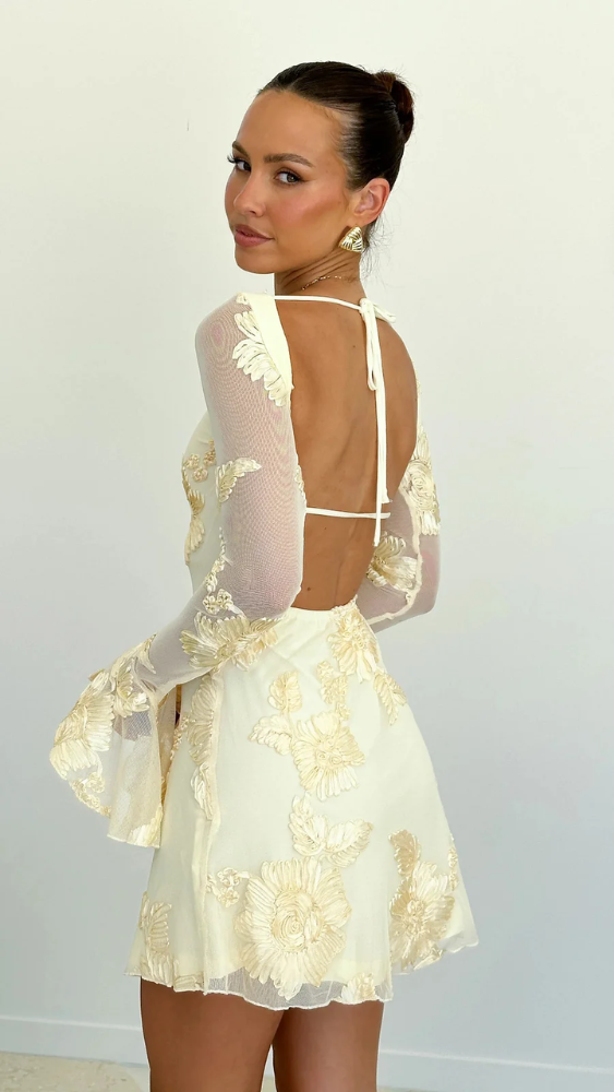 Julia™ | Mini dress with floral embroidery and open back