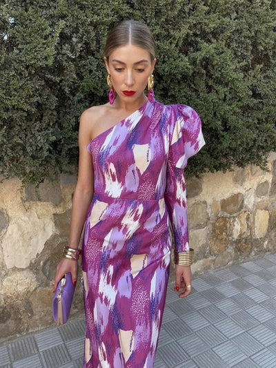 Yllana™ | Midi Dress for Women with One Shoulder in Purple