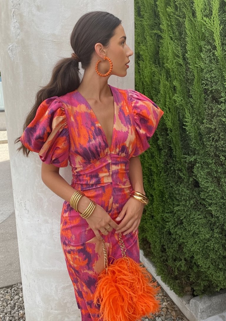 Arielle™ | Colorful Midi Dress for Women with Pleated Sleeves