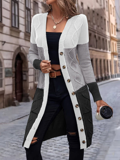MAURA | LONG COLORBLOCK BUTTON CARDIGAN
