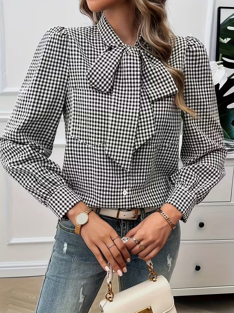 Meella | Elegant Gingham Bow Blouse
