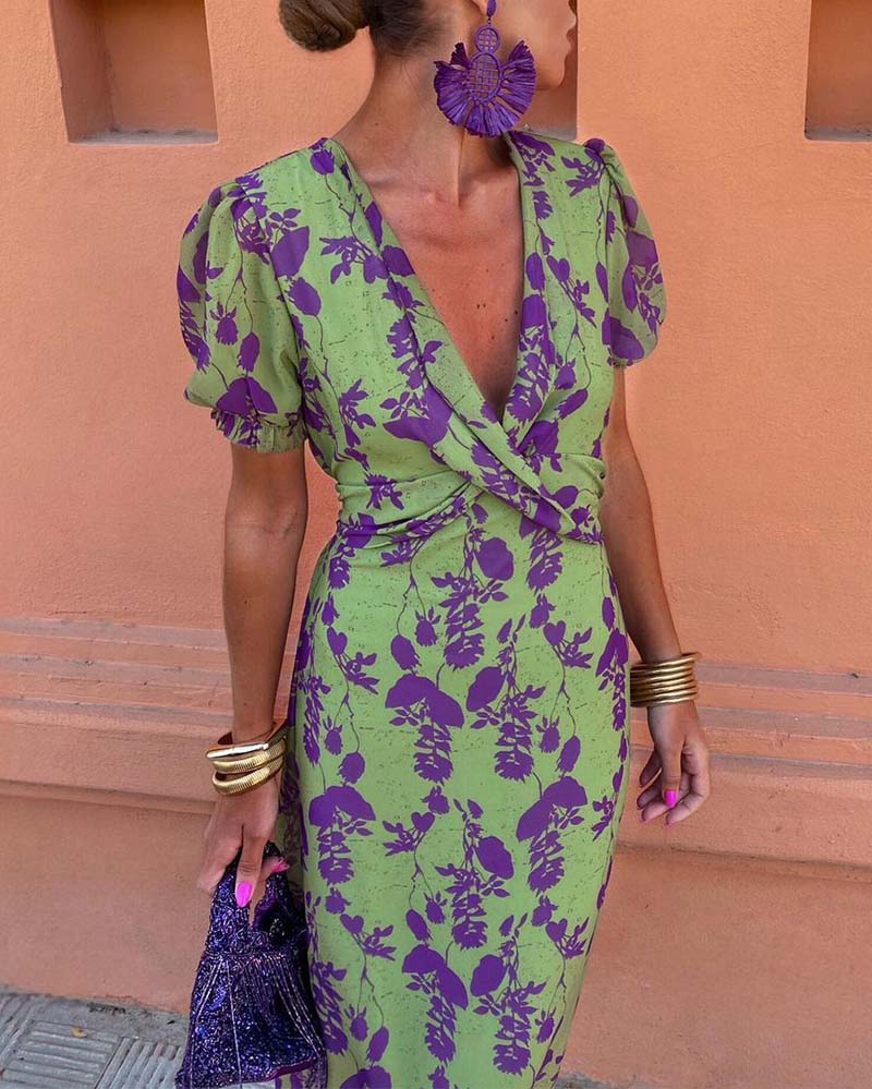 Aria™ | Chic Deep V-Neck Dress with Leaf Design
