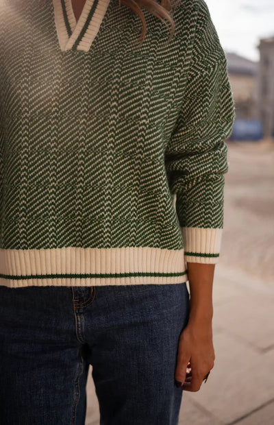 Emilia™ | Green V-neck Sweater with Folded Collar